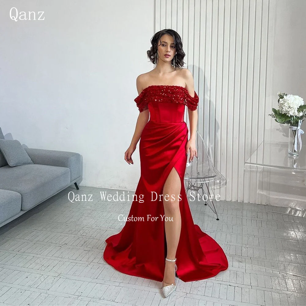 

Qanz Red Mermaid Prom Dresses Off Shoulder Sleeves Formal High Slit Evening Dresses for Women Satin Sequined Evening Gowns Dubai