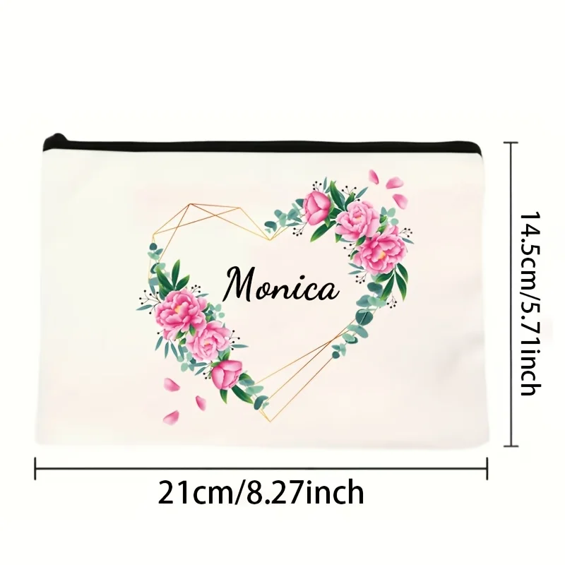 Personalized Heart Floral Makeup Travel Storage Bag - Custom Name/Text, Beige Zippered Makeup Case with Floral Heart Design
