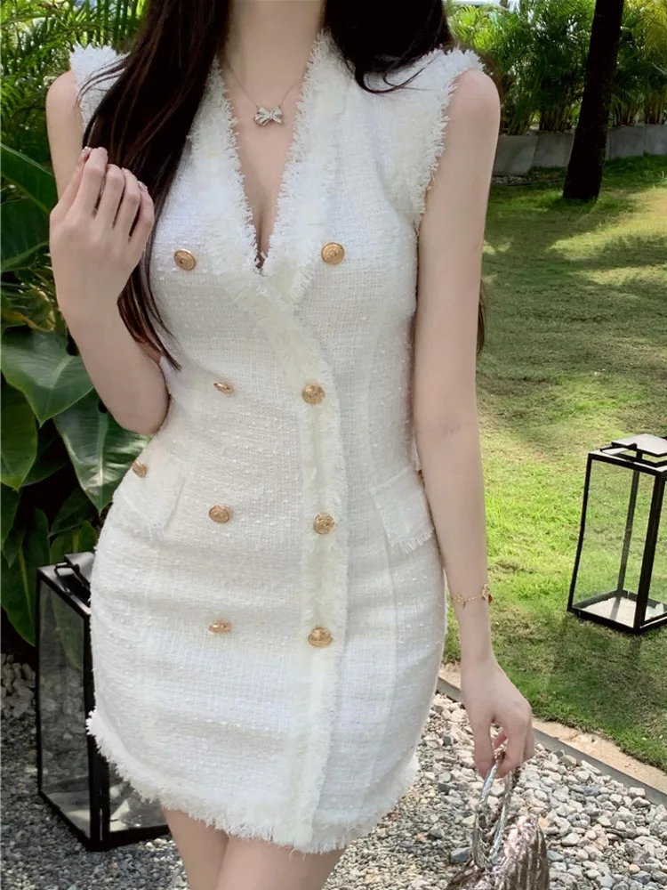 High Quality Korean Fashion Casual Small Fragrance Tweed Dresses Women French Vintage Woolen Summer Dress Elegant Party Vestidos