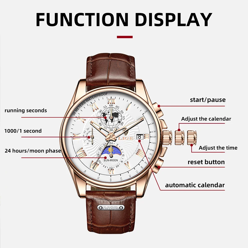 LIGE Business Leather Man Watch Auto Date Men\'s Quartz Watch Sports Men Watches Waterproof Luminous Stainless Steel Male Clock