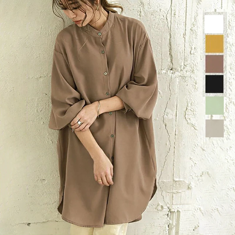 REALEFT-Vestidos camiseros cortos holgados para mujer, minivestido informal de manga larga abombada con cuello levantado y una botonadura, otoño 2025