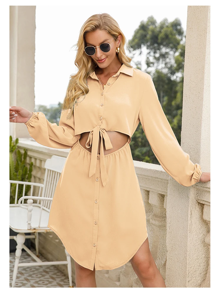 Robe T-Shirt mi-longue décontractée pour femmes, couleur unie, cravate sur le devant, boutonnée, robe de soirée trapèze, printemps et été