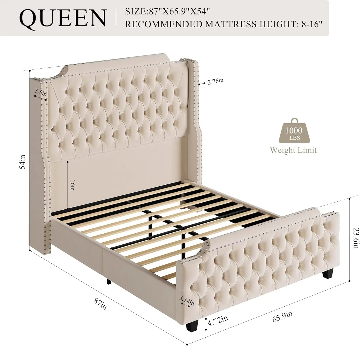 HOSTACK Queen Size Platform Bed Frame with 54