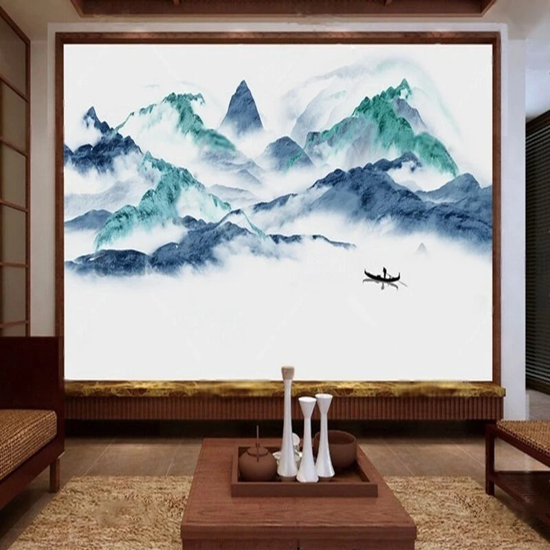 Simple New Chinese-Style Artistic Landscape Mountain Range Retro Rural Village Room Wall Decoration Mural Sofa Customization