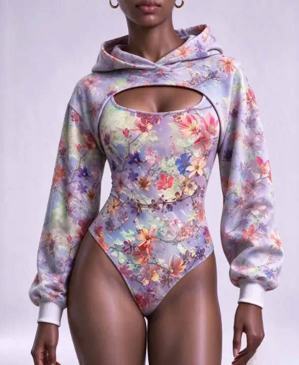 Women Watercolor Floral Print 2Pcs Outfit, Long Sleeve Hooded Shrug and Sleeveless Bodysuit Top