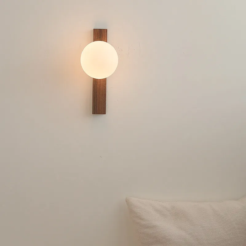 Walnut Wood Milk White Glass Sphere Wall Lamp Wabi-sabi Style Retro Wall Light Bedroom Living Room Aisle Balcony Bedside Sconces