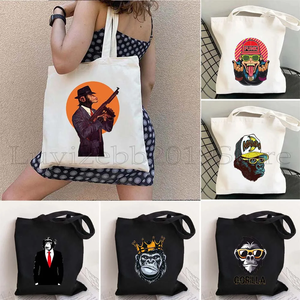 

Funny Monkey King Kong Crowned Cool Helmet Angry Smoking Gorilla Cute Crown Canvas Shoulder Tote Bag Harajuku Reusable Handbag