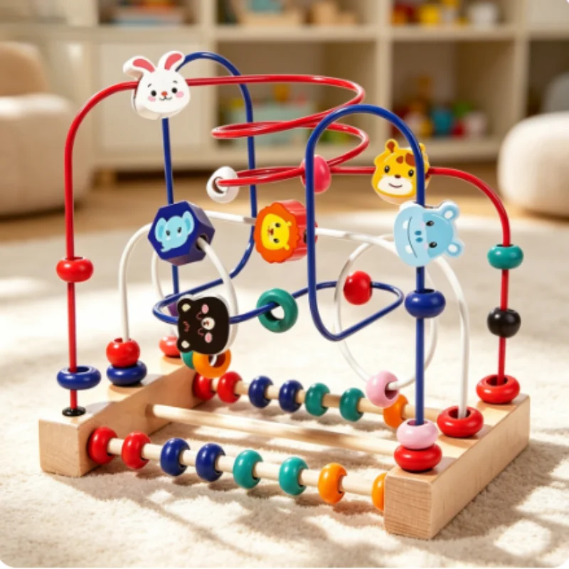 Kids Wooden Bead Maze Toy, Color Shape Counting Animal Fruit Educational Learning Game for Toddlers Early Development