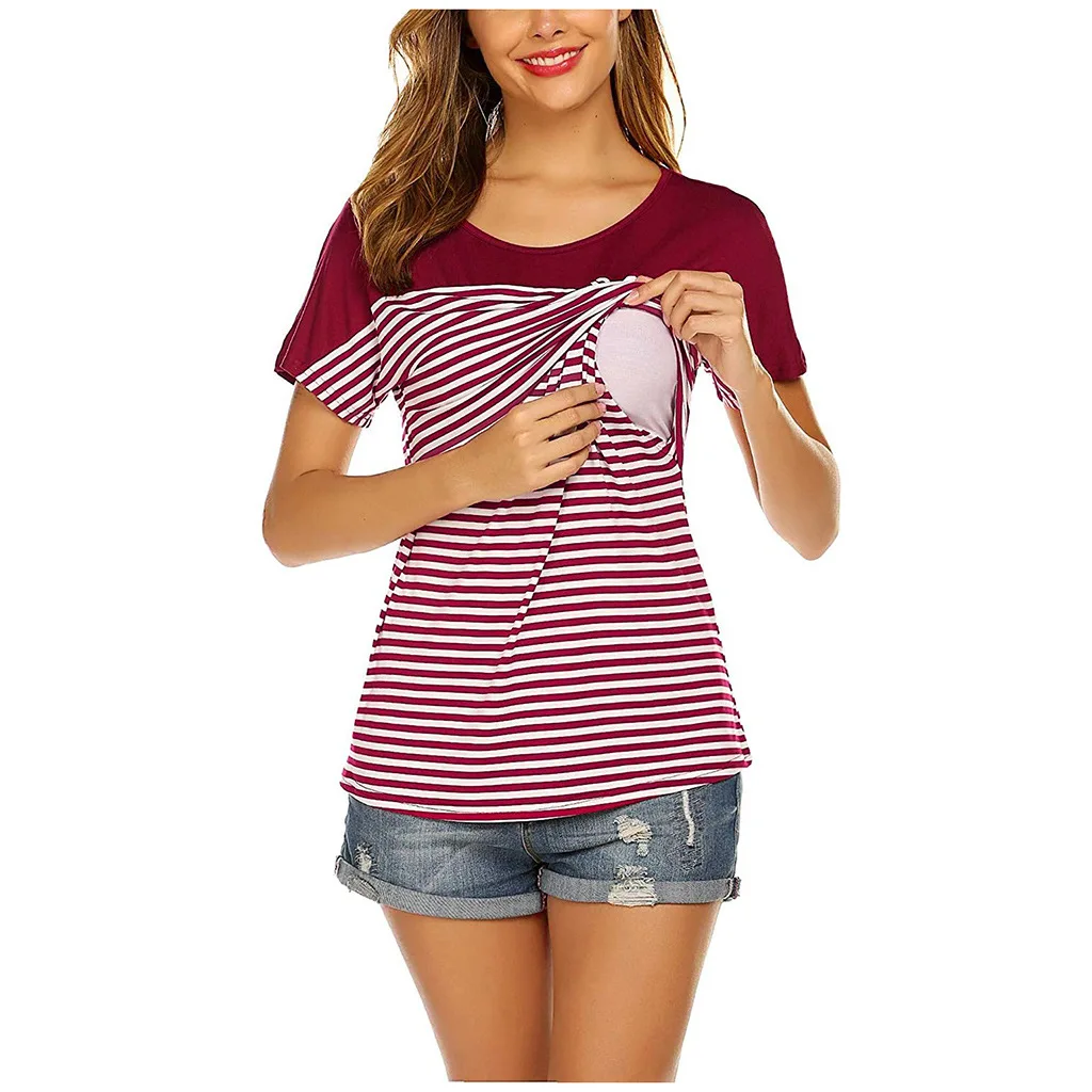 2022New summer Pregnancy Clothes Women Maternity Short Sleeve Striped Layer Nursing T-shirt Top For Breastfeeding женская одежда