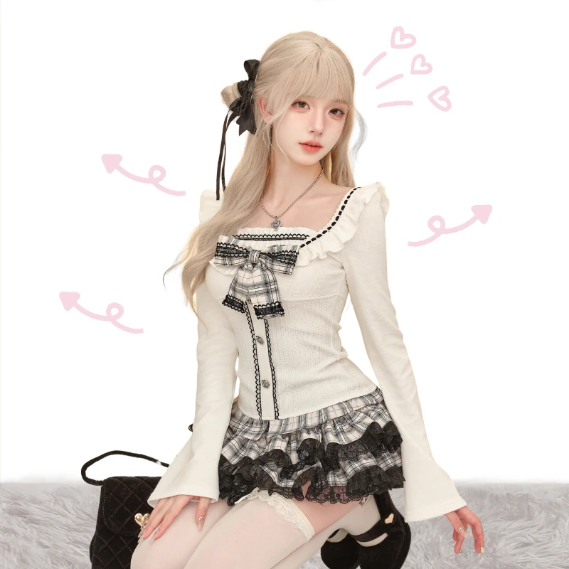 Elegant Vintage Suits Women Sweeet Bow Slim Knitted Cardigan Coats + Lace Mini Skirts Japanese Kawaii 2 Piece Sets Y2k Clothing