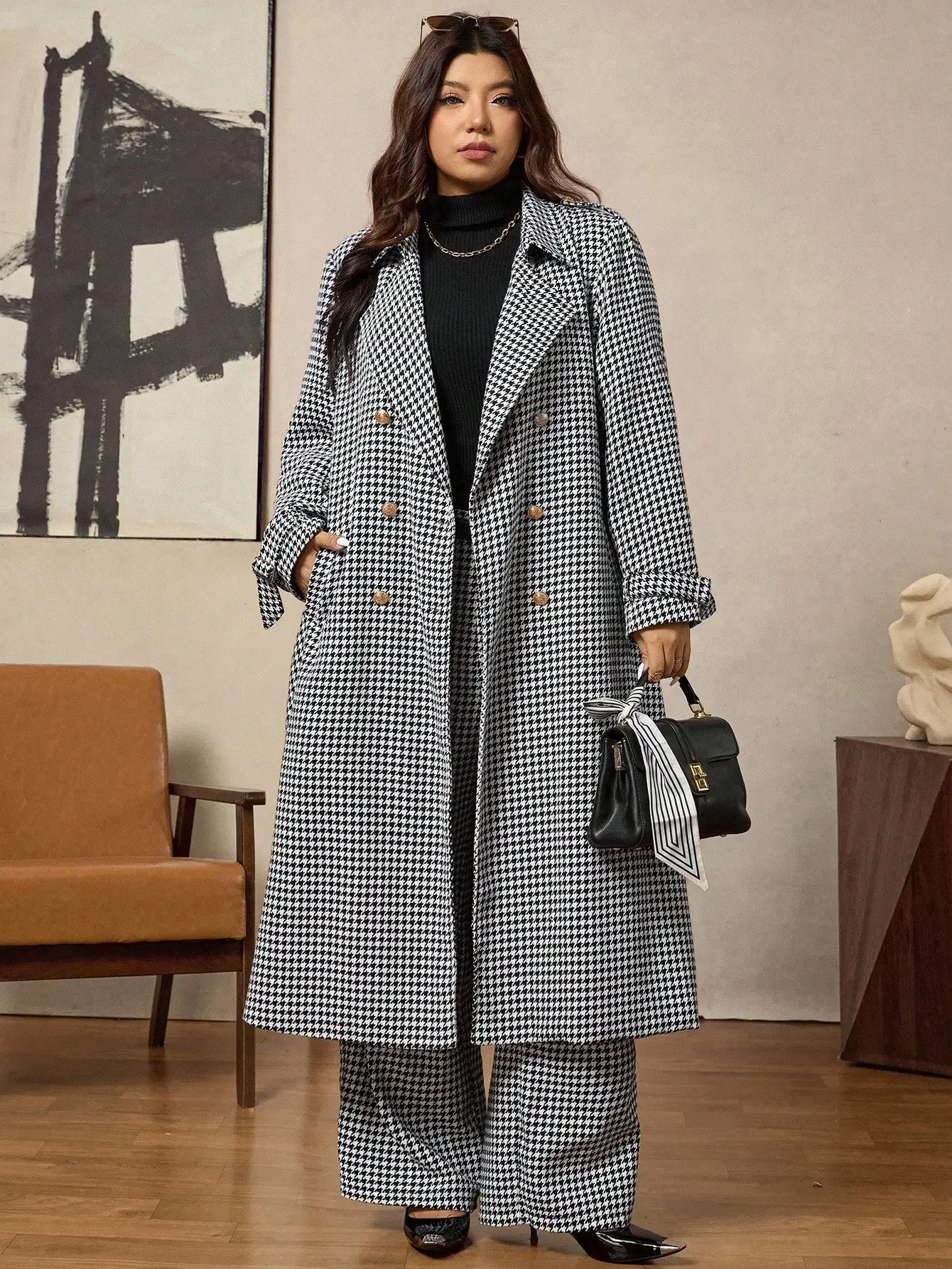 بدلة بليزر بنقشة هاوندستوث مع بنطلون واسع للنساء ذوات المقاسات الكبيرة، زي مكتبي غير رسمي للشتاء والخريف