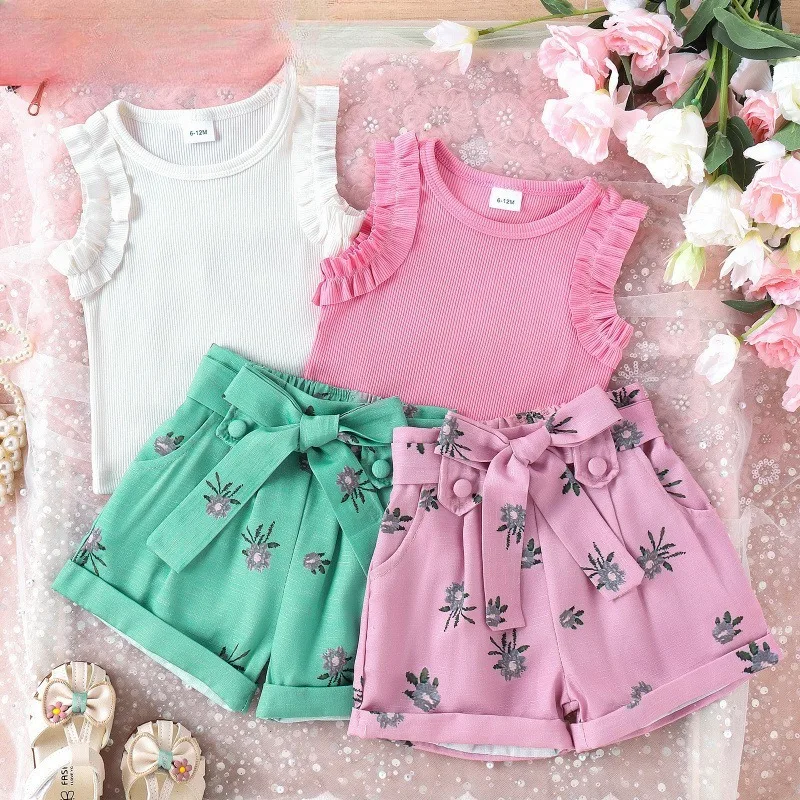 

Girls suit Europe United States summer small medium-sized girls pit stripes lace top + printed shorts + with belt 3 pieces