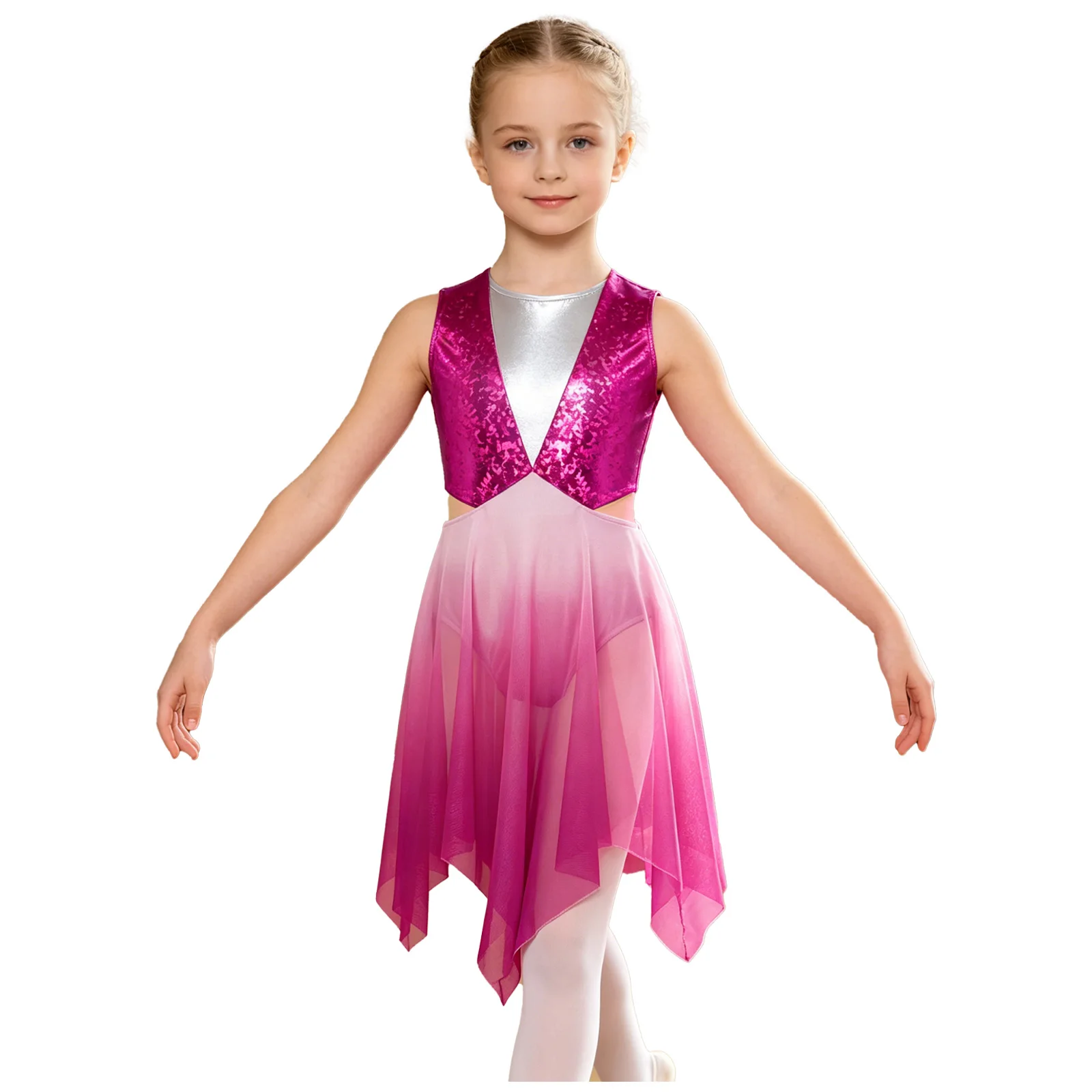 Kids Girls Lyrical Dance Dress Sleeveless Metallic Bodice Mesh Ballet Gymnastics Leotard Praise Worship Contemporary Dancewear - view 2