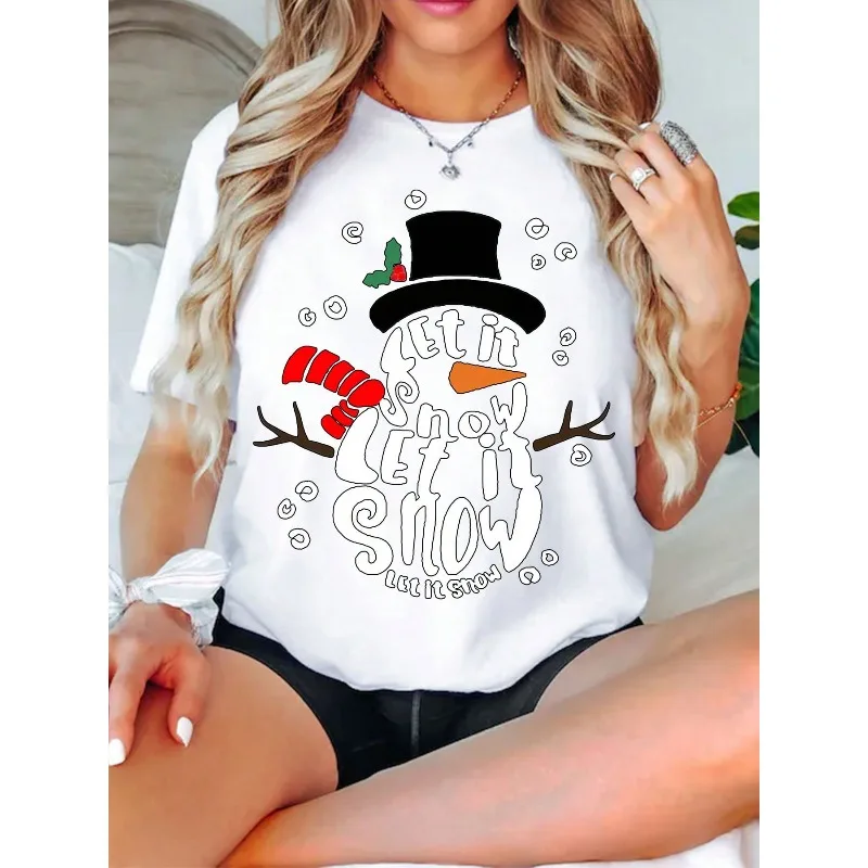 تي شيرت نسائي مطبوع عليه رجل الثلج - تصميم للعطلات "Let It Snow" مع تي شيرت ناعم قابل للتنفس برقبة دائرية لجميع المواسم
