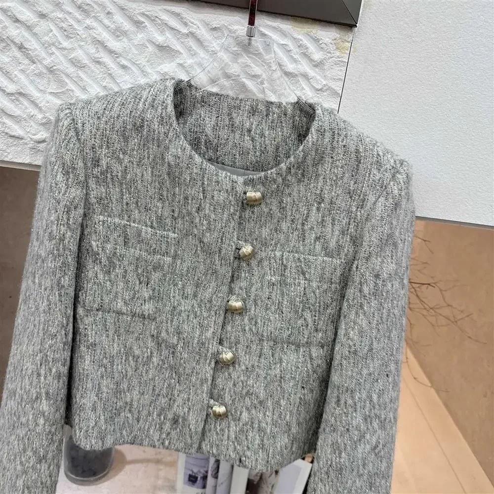 

French ladies fashion high-grade gray fragrance coat women's autumn and winter round neck new short fashion exquisite wool coat