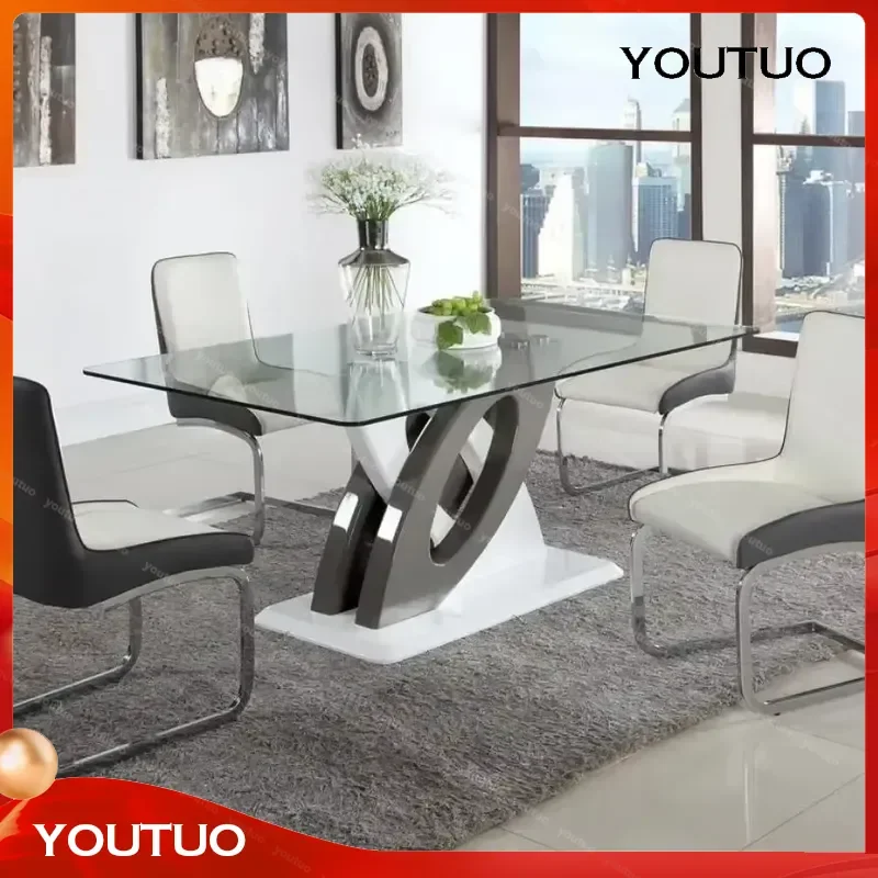 for Dining Table Rectangular Clear Tempered Glass Top Grey White Base Living Room Furniture