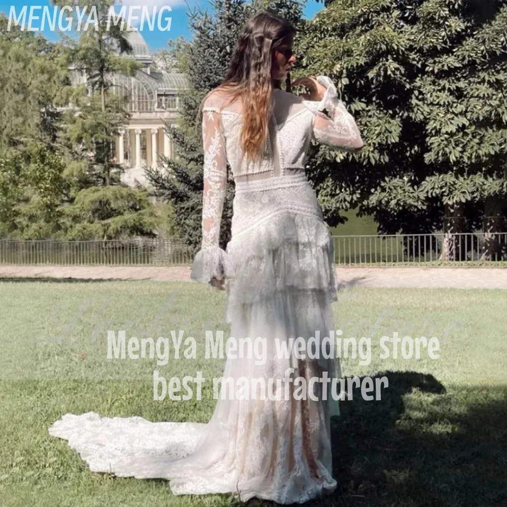 ZHUISHU Bohemian Fit and Flare Semi Sheer Dotted Tulle Wedding Dress Customized Tiered Lace Long Sleeves Boho Unique Bridal Gown