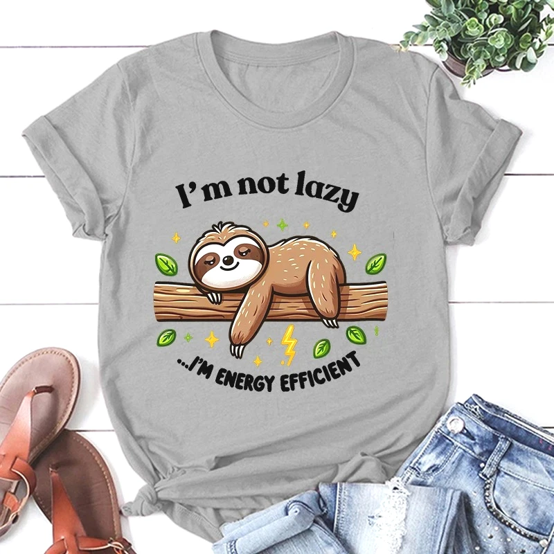 2025 New Unisex Short Sleeve Sloth I'M Not Lazy IM Energy Efficient Print T Shirts Women Causal Harajuku Tops Funny Sloth Tops