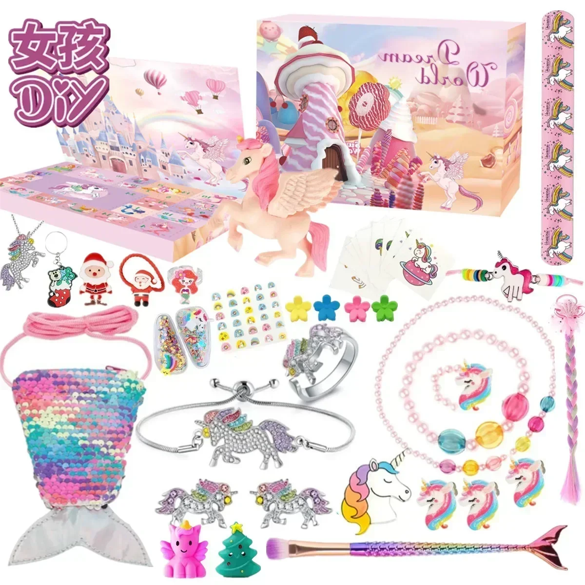 Christmas Advent Calendar Box 24 Days Princess Pretend Makeup Set Unicorn Mermaid Jewelry Countdown Calendar New Year Girls Gift