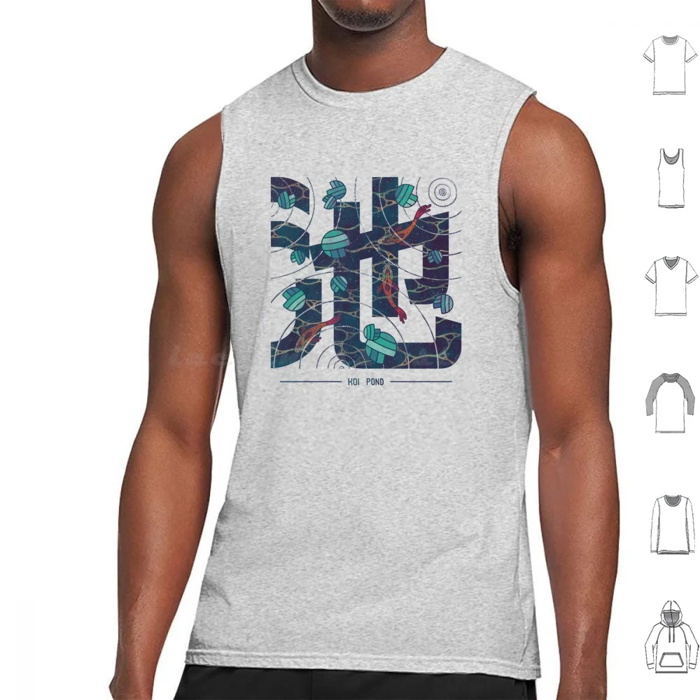 Koi Pond Kanji Tank Tops Print Cotton Kanji Koi Carp Japan Japanese Fish Pond Calm Lake Water Lilypads Waves Ripples