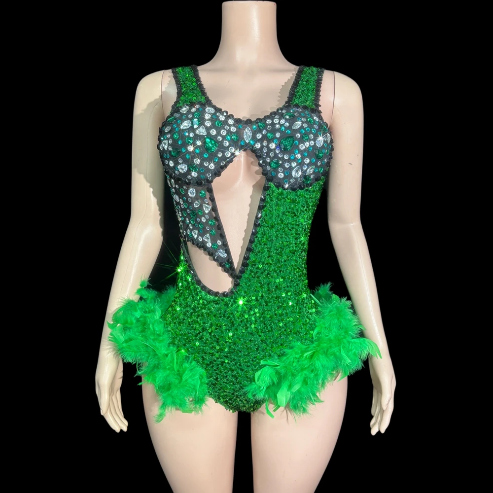 

Sparkly Rhinestones Feathers Bodysuit Women Sexy Hollow Performance Dance Costume Singer Dancer Stage Wear Birthday Party Outfit