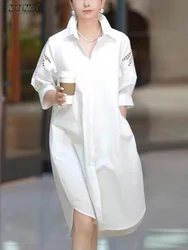 ZANZEA Women Loose Shirt Dress Fashion Solid Lace Insert Streetwear Knee-length Dress 3/4 Sleeve Summer Casual Lapel Sundress