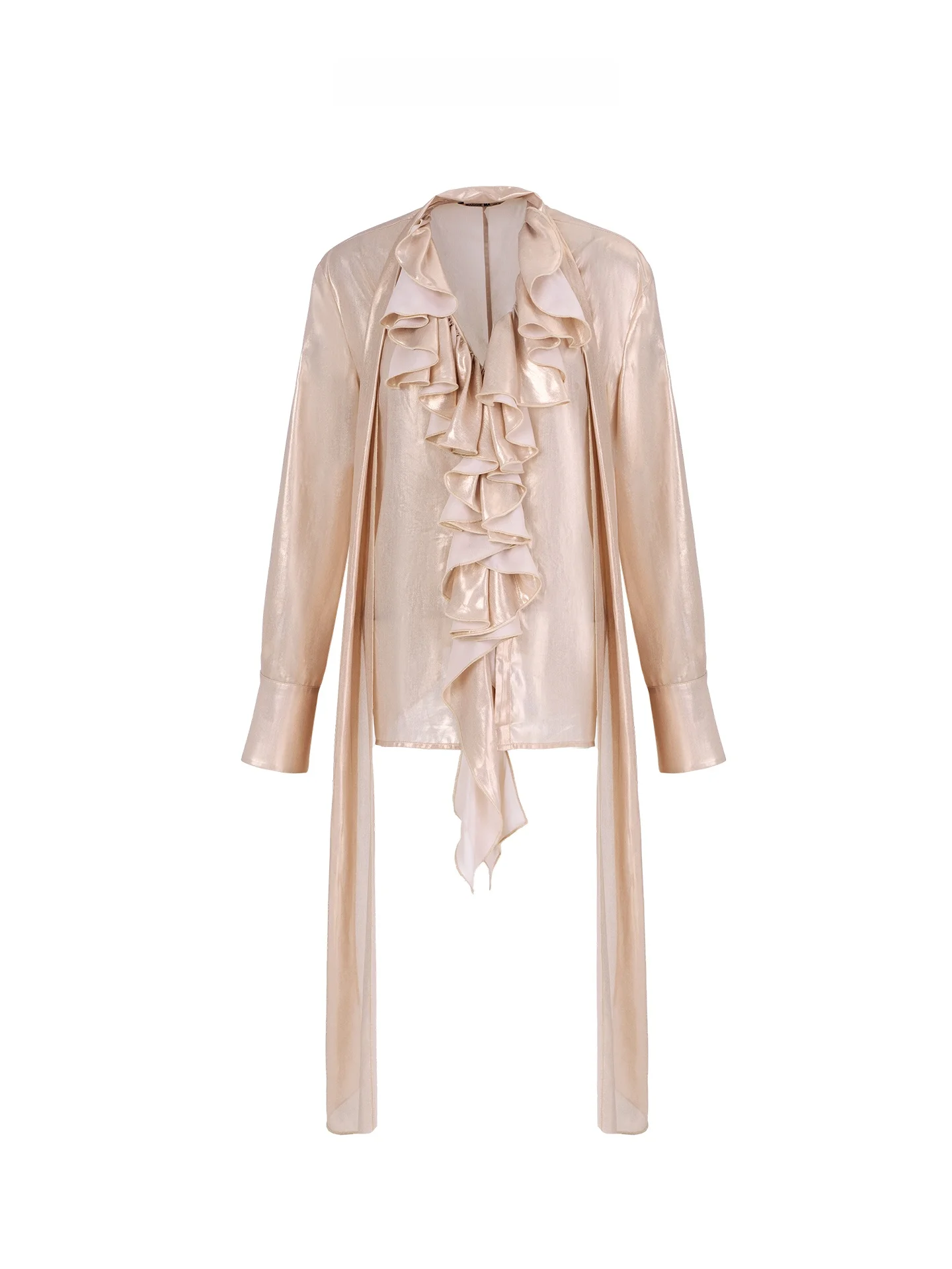 

Maggie Ma Light Pink Gauze Shirt with Flounce Sleeves Straight Cut Clean Fit Polyester Fiber Long Sleeve Women's Shirt