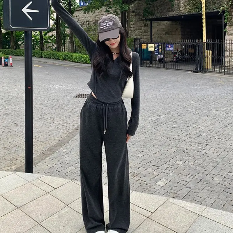 

Fashionable Youthful Early Autumn Korean Style High Waist Wide Leg Pants Hoodie Slim Fit Top Sporty Two Piece Set