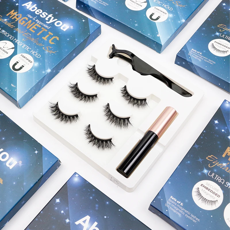 Abestyou Set of 5 Magnetic False Fluffy 5d Eyelashes & Eyeliner With Tweezer Kit Cat Eye Mink Lashes Box Packaging Magnetiques