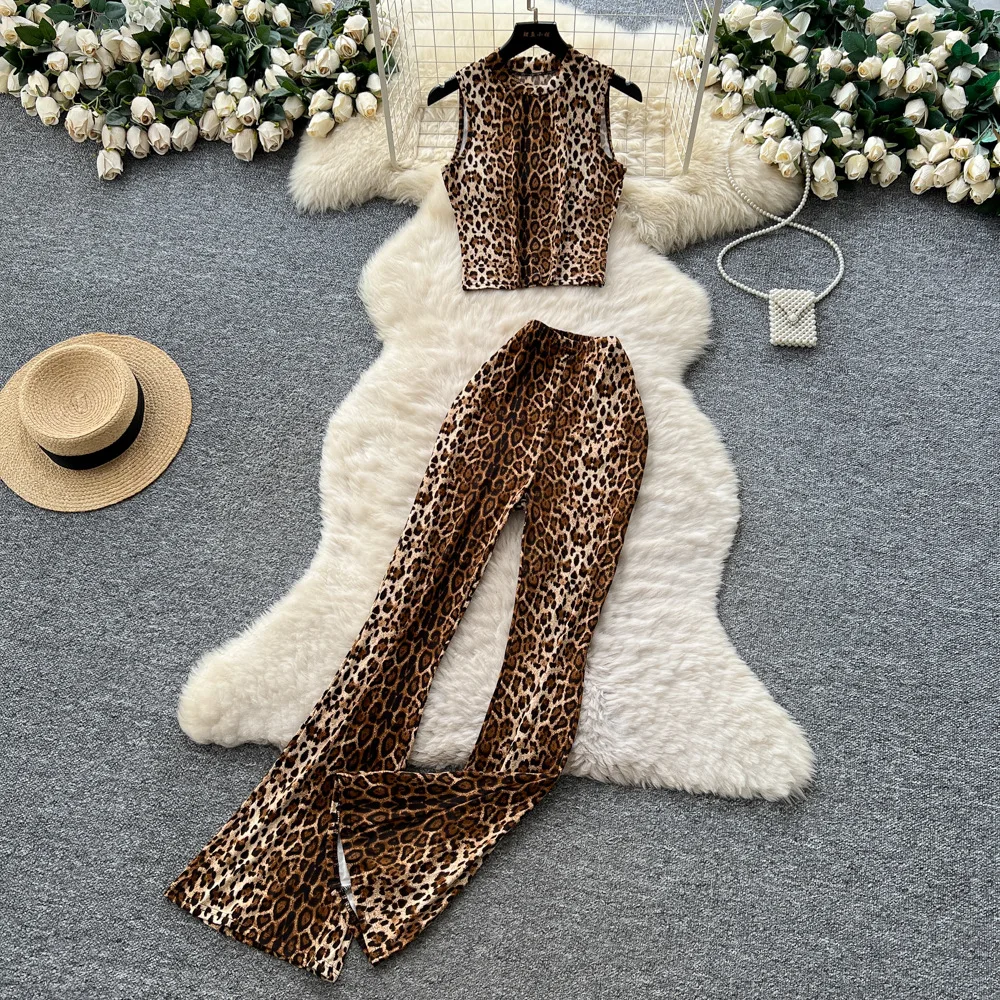 

Women Pant Set Two Piece Sets Leopard Print Wrap Hip Round Neck Sleeveless Sexy Short Tops Long Pants High Waist Y2k Streetwear