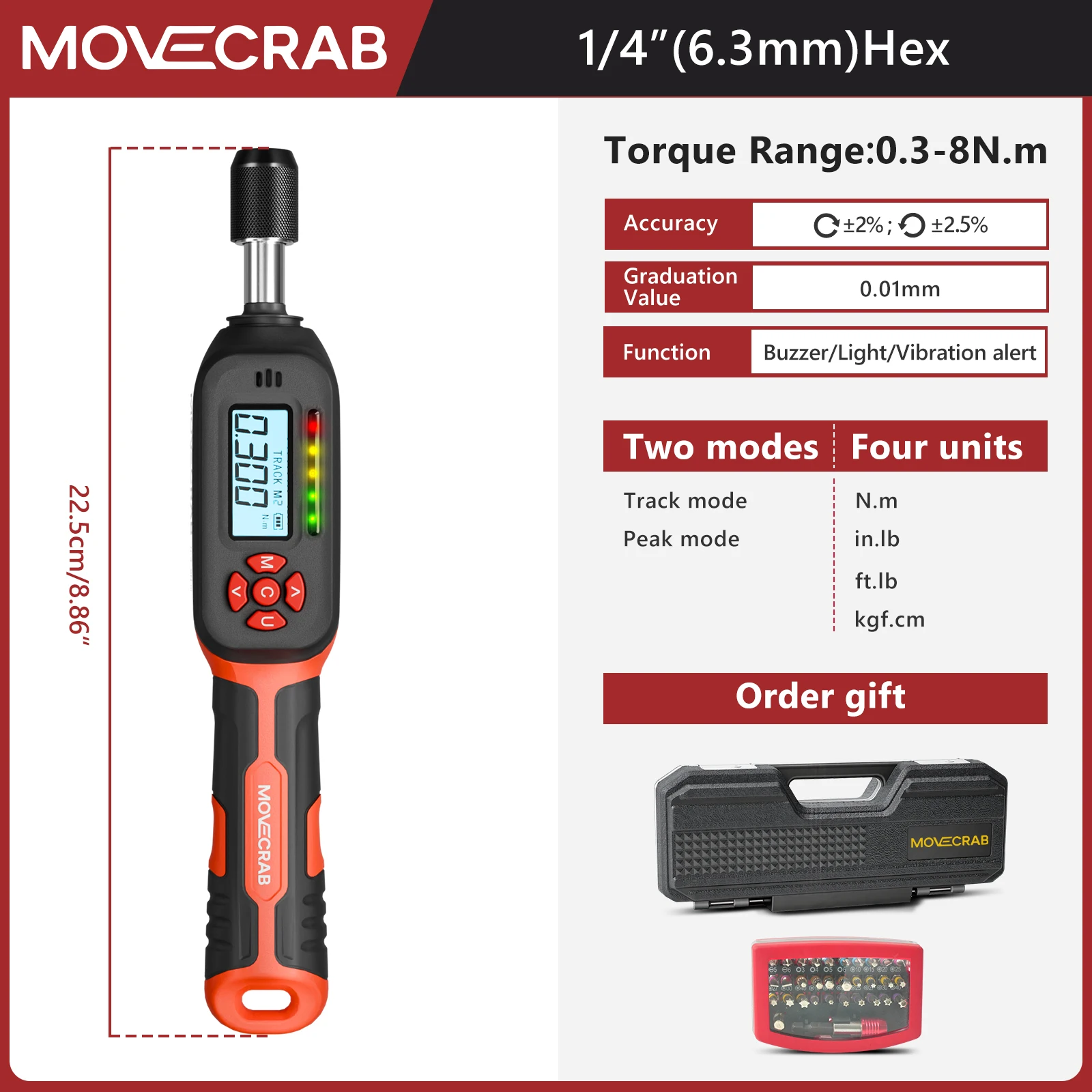 MOVECRAB Serie Digitale Momentsleutel 1,5-340N.m 2% Nauwkeurigheid Voorgeprogrammeerde Waarden met Zoemer, LED-flits & Trillingsmelding op de handgreep