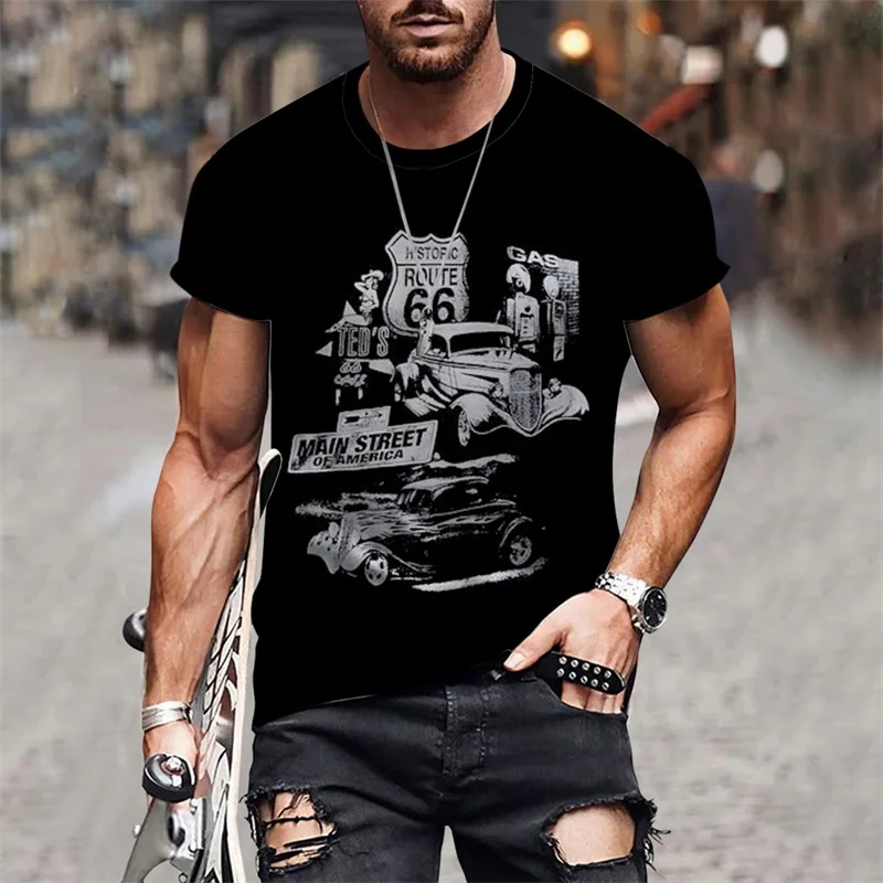 High Street Men's T-shirt Classic Block Motorcycle Print Short Sleeve Vintage Crew Neck Top Tropical Four Seasons Can Wear Tops