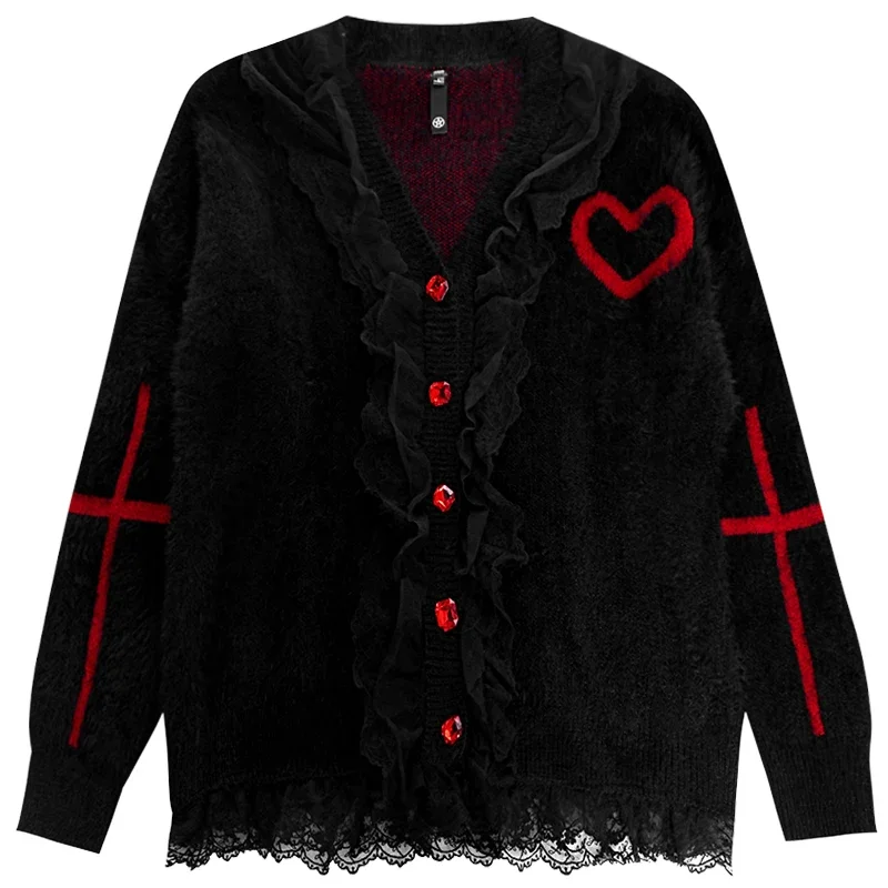 Gothic Black Y2K Cardigan Red Cross V-neck Love Buttons Sweater New Features of Knitwear Loose Punk Oversized Women\'s Coat Tops