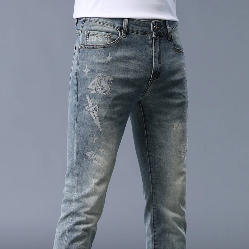 

Fashion Rhinestone Printed Jeans Men 2024 New Summer Thin Elastic Light Luxury Versatile Casual Slim Fit Long Skinny Pants