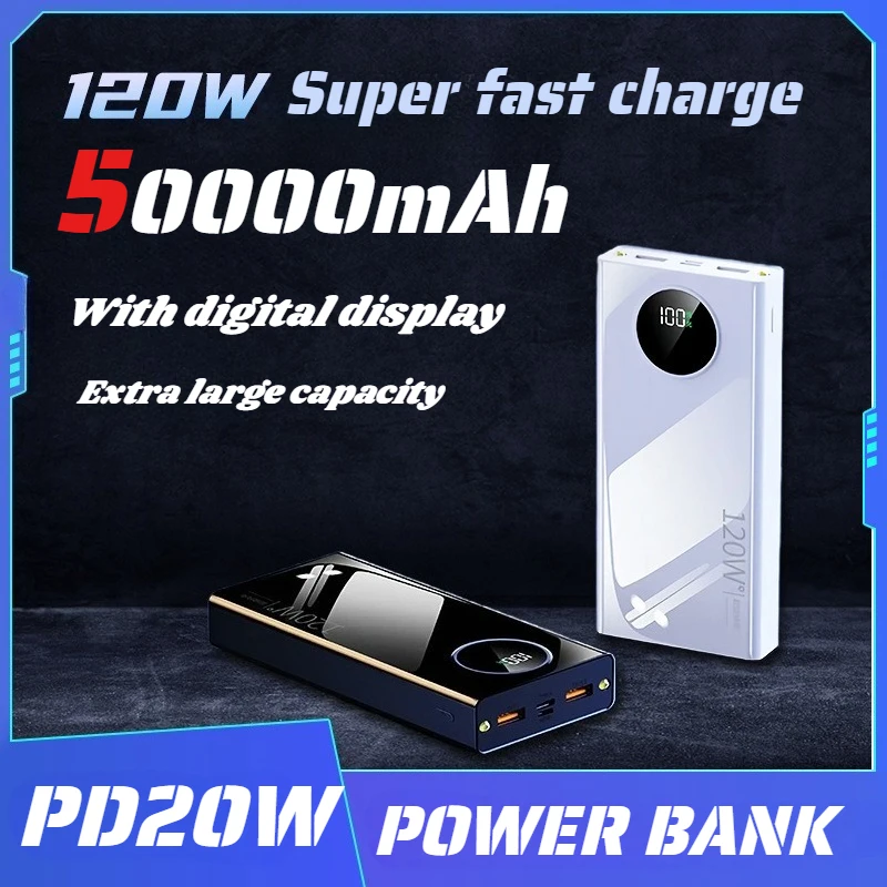 

50000 мАч Power Bank 120 Вт Быстрая зарядка Портативное зарядное устройство большой емкости с цифровым дисплеем для iPhone Huawei Powerbank
