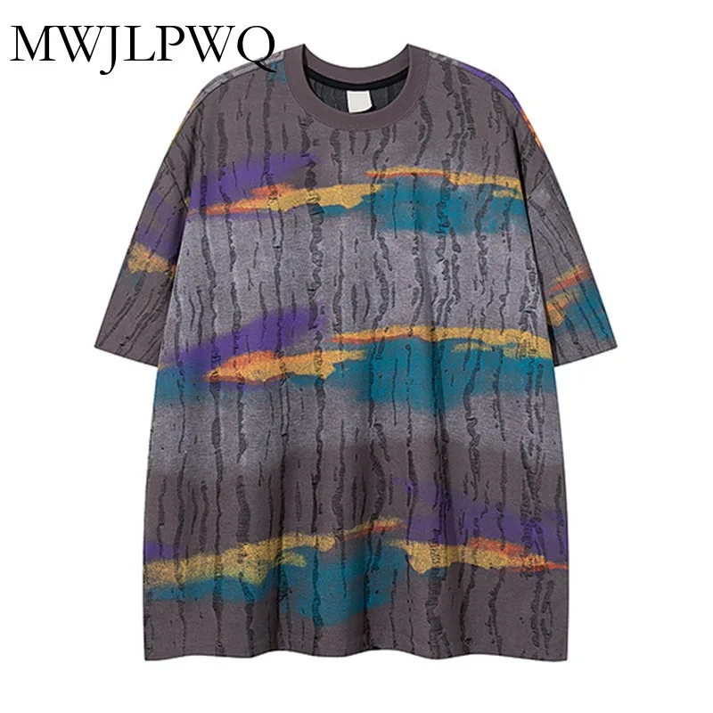 

MWJLPWQ Hip Hop American Style Tie-dye Distressed Short T-shirt Unisex High Street Loose Half Sleeve Loose Casual Tops 010918
