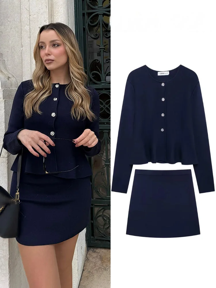

HH женский костюм с юбкой, модный однобортный вязаный кардиган с круглым вырезом и длинными рукавами + мини-юбка с эластичной резинкой на талии