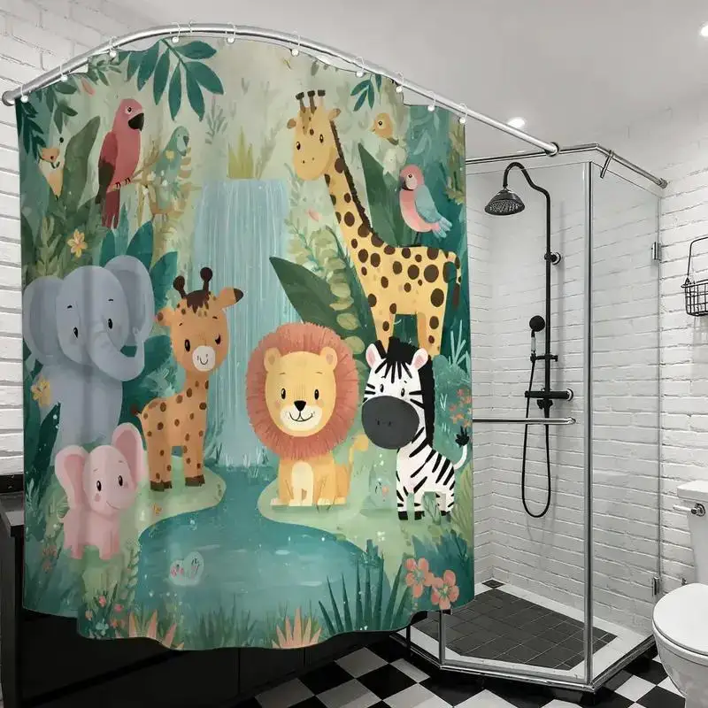 

Jungle Animal Shower Curtain – Cute Elephant, Giraffe, Lion & Zebra in Rainforest, 12 Hooks, Waterproof Kids Bathroom Decor