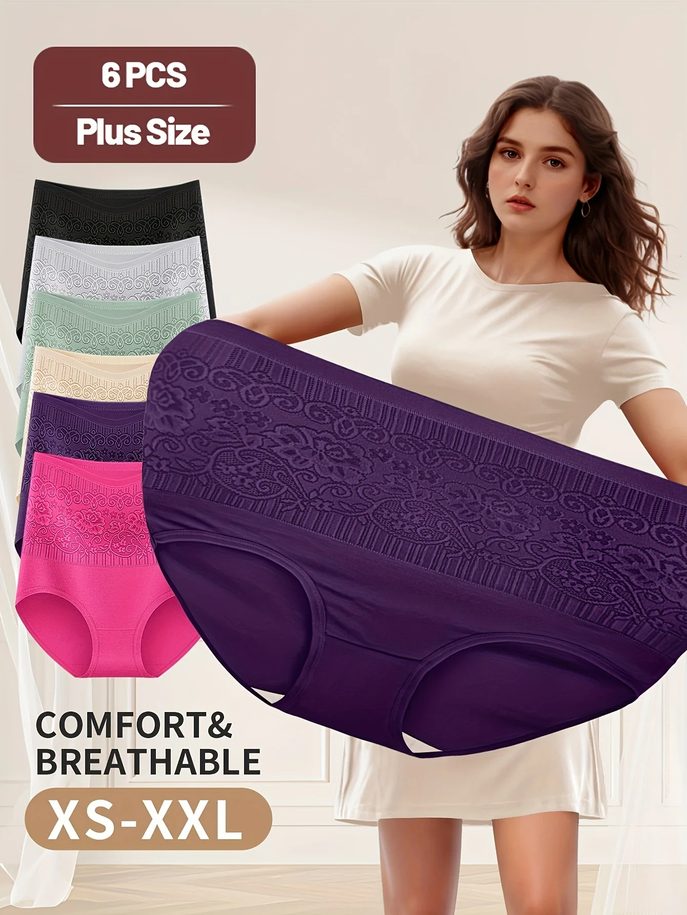 

6-Pack Plus Size Women's Underwear, Underwear Pattern, High Waist, Tummy Control, Comfort Fit, Summer Thin Style