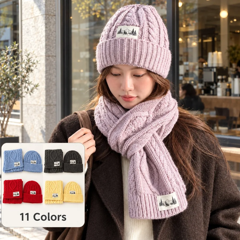Women's Winter Beanie Hat and Scarf Set Cable Knit Cuffed Cap Knitted Neck Wrap Autumn Outdoor Casual Accessories