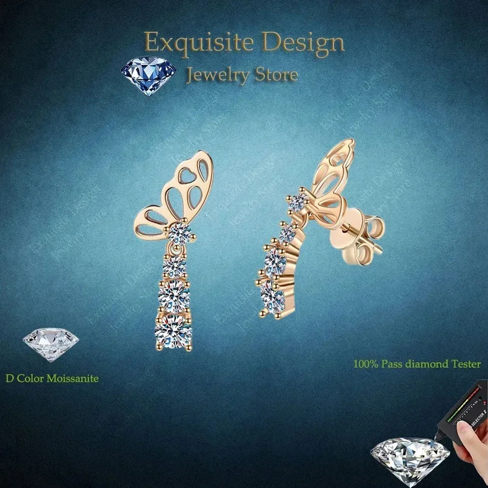 Butterfly 18K Champagne Gold Stud Earrings 1.24CT Moissanite Diamond Girlfriend Valentine's Day Women Wedding Birthday Gift