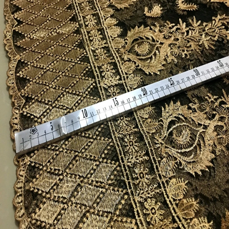 Boutique three-dimensional embroidery black mesh lace gold gold thread embroidery clothing fabric wavy lace fabric