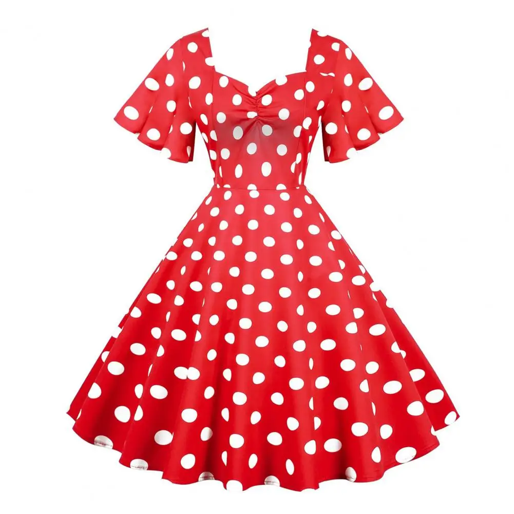 

Elegant V-neck Dress Elegant Retro Dot Print Evening Dress with A-line Silhouette V Neckline Ruffle Sleeves for Parties Proms