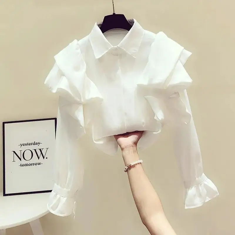 Black White Shirts Flare Sleeve Tops Chemises Femme Casual New Blusas Mujer De Moda 2024 Verano Elegantes Ruffle Blouse Shirt