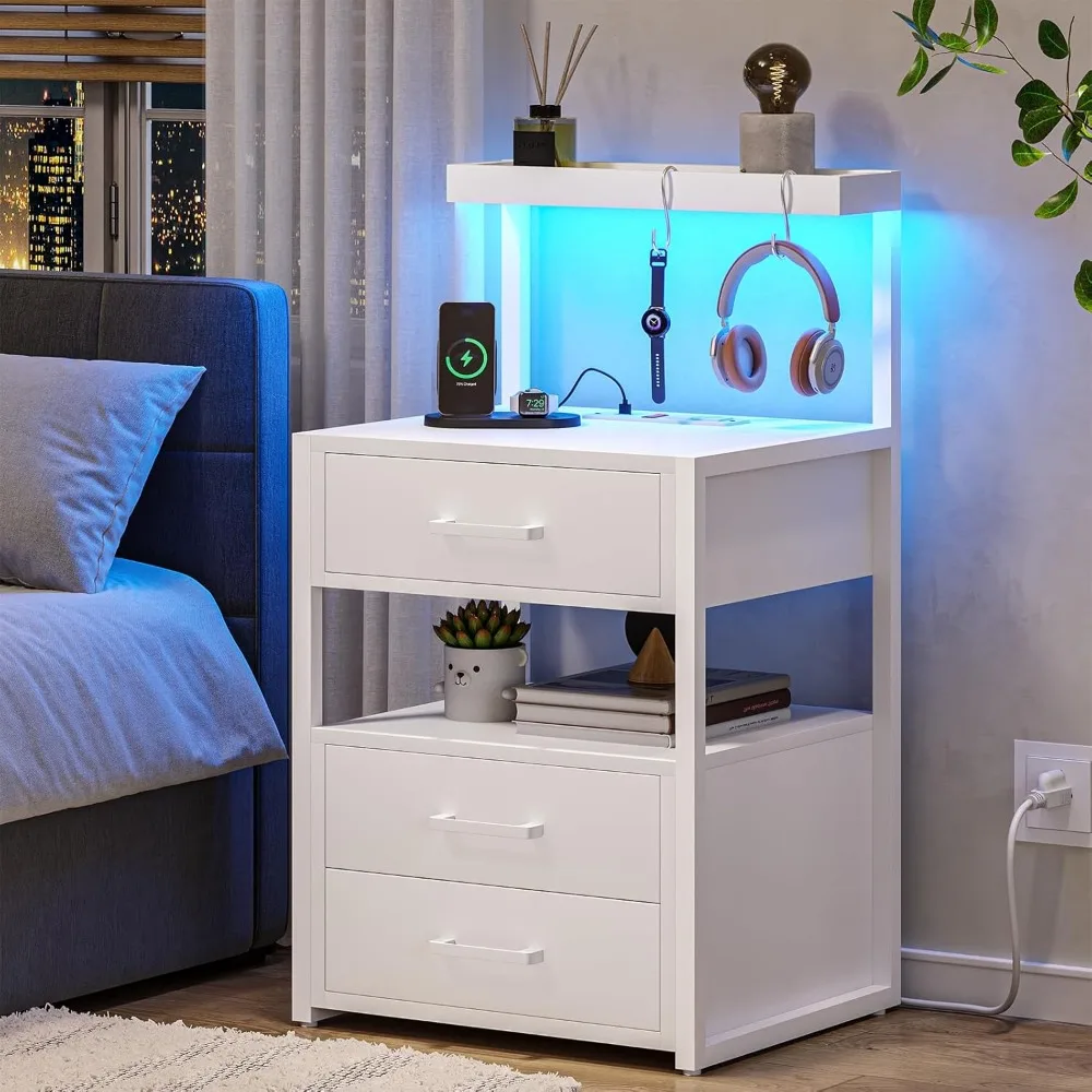 

Led Nightstand with Charging Station, 3 Drawers Night Stands with Led Lights, White Bedside Tables with Storage Shelves, Modern