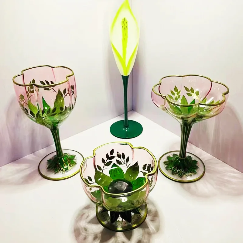 

Phnom Penh Vintage Champagne Wine Glasses Crystal Glass Red Wine Cup Pink Hand Painted Ice Cream Bowl Flower Goblet