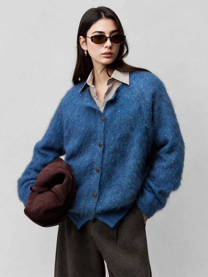 SuyaDream Ladies Loose Fit Crew Neck Brushed Wool Sweater Cardigan, Sparkly Sequin Decor Knitted Wool Coat for Fall Winter Daily
