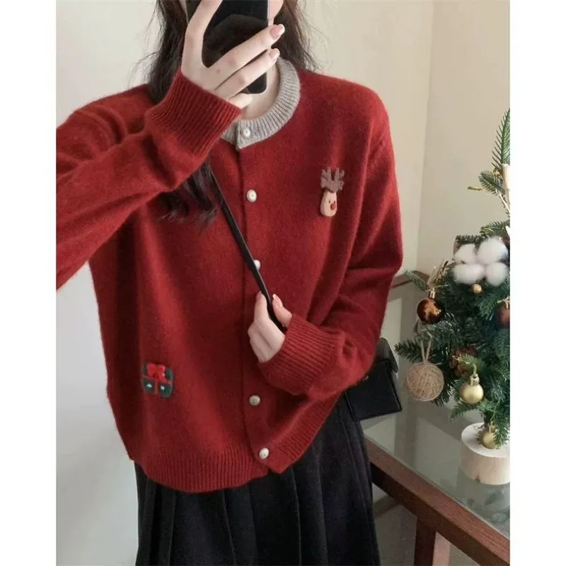 Women Korean Fashion Vintage Contrast Color Funny Cute 3D Cartoon Cardigan Casual Sweet Chic O Neck Long Sleeve Knitted Sweater