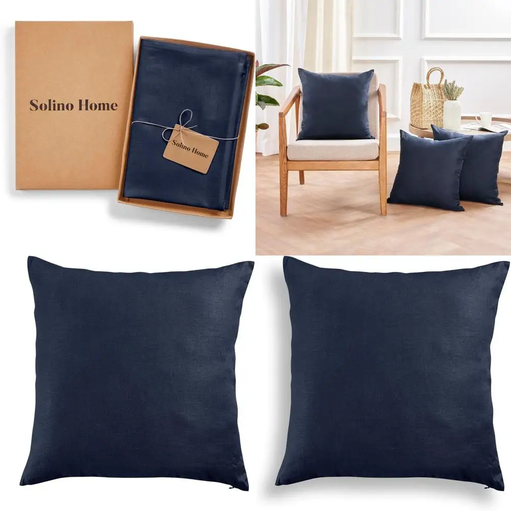 

Montauk European Flax Linen Pillow Cover, Navy Blue, 20x20 Inches, Invisible Zipper, Accent Cushion for Home Decor