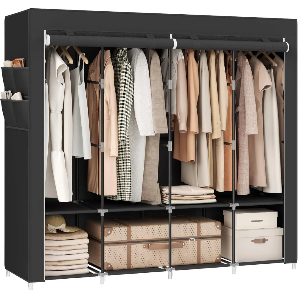 

Portable Closet, Wardrobe Closet Organizer with Cover, 4 Hanging Rods and Shelves, 4 Side Pockets, Large Capacity